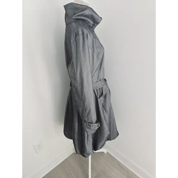 Samuel Dong Gray Metallic Taffeta Collared Bubble Hem Zip Trench Jacket Coat XL - Picture 9 of 14